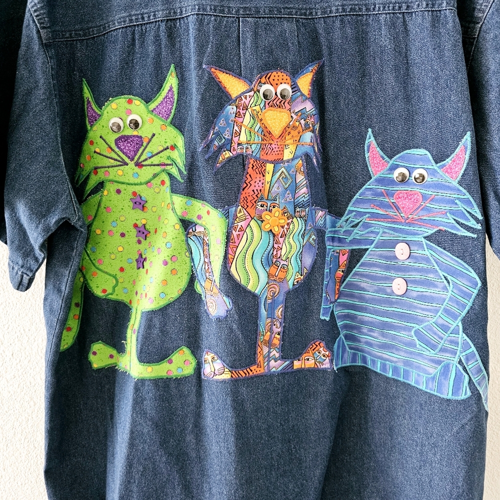 Vintage Haiks crazy cats denim blouse size L embroidered embellished - Picture 11 of 16
